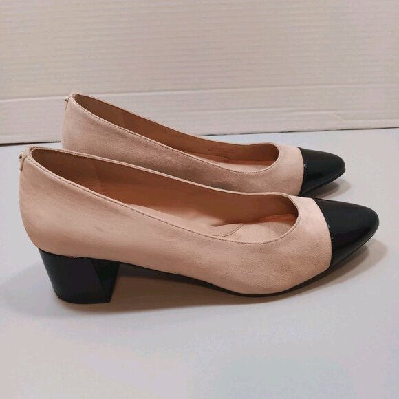 Cole Haan W26302 Suede Cap Toe Block Heel Pumps Tan/Nude Black Patent 8B - Picture 5 of 5
